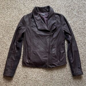 Vince Women’s Scuba Goat Leather Asymmetrical Moto Jacket Drape Collar Sz L